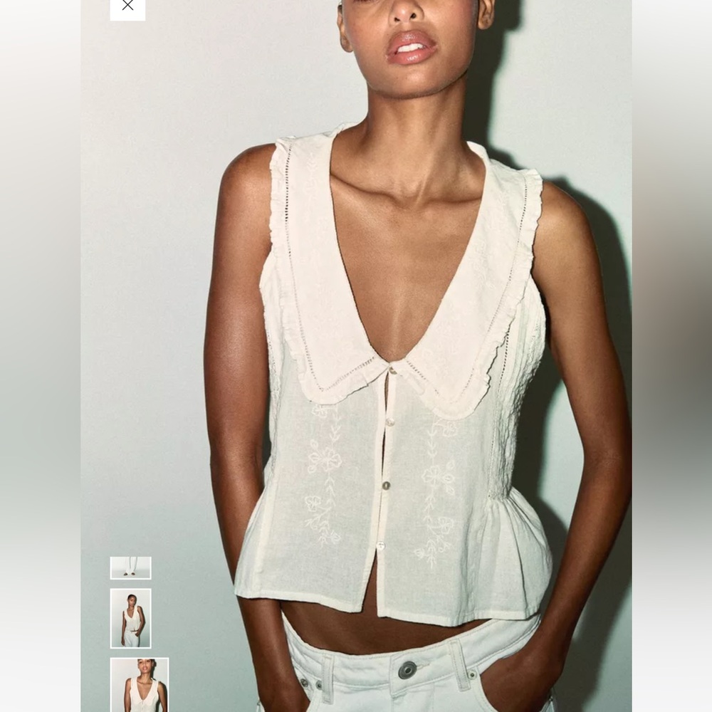 Zara embroidered Peter Pan collar top